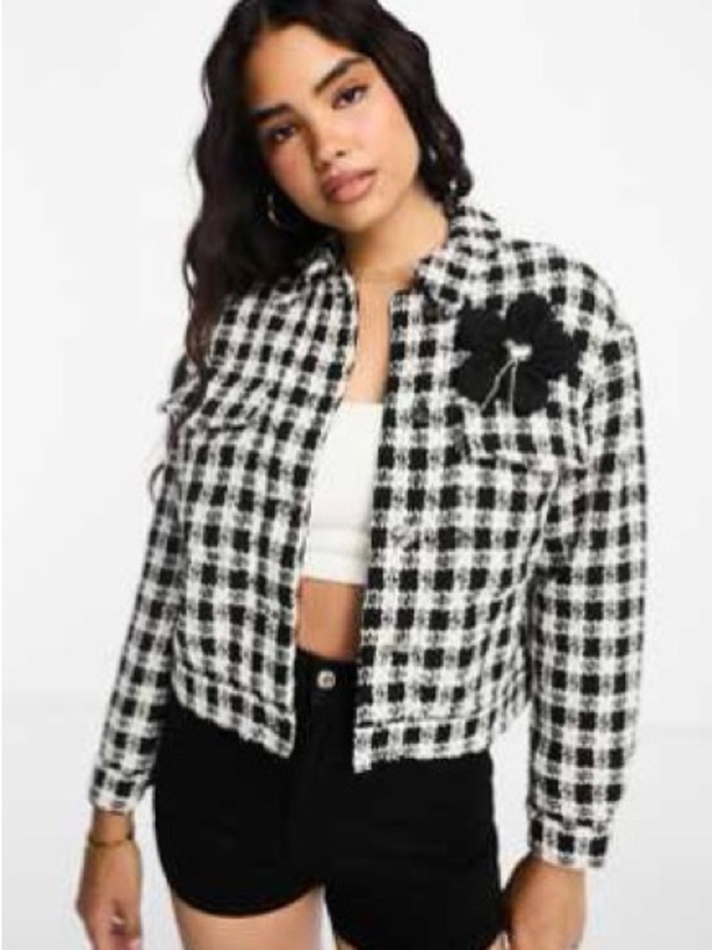 Black and White Plaid Cropped Bomber Jacket with Floral Appliqué